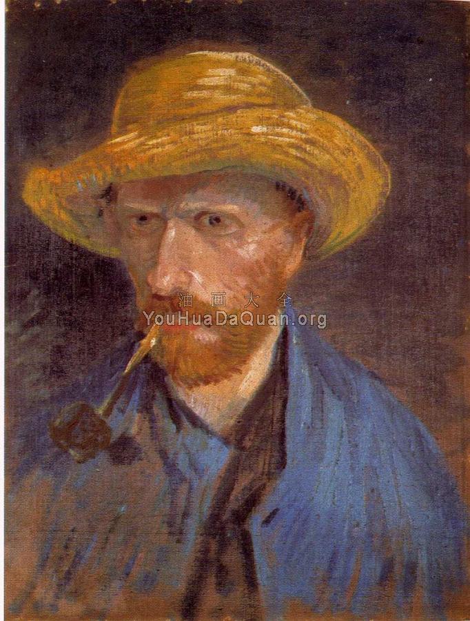 叼烟斗、戴草帽的自画像 - 文森特·威廉·梵高